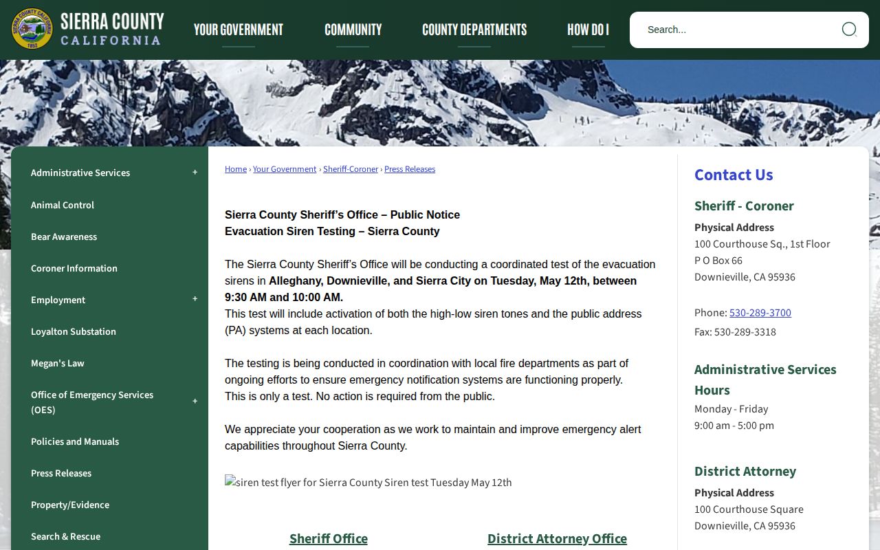 Sierra County Sheriff crime news press release archive