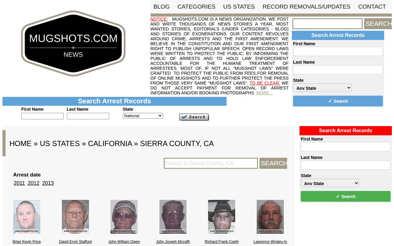 Old unofficial Sierra County mugshot archive interface