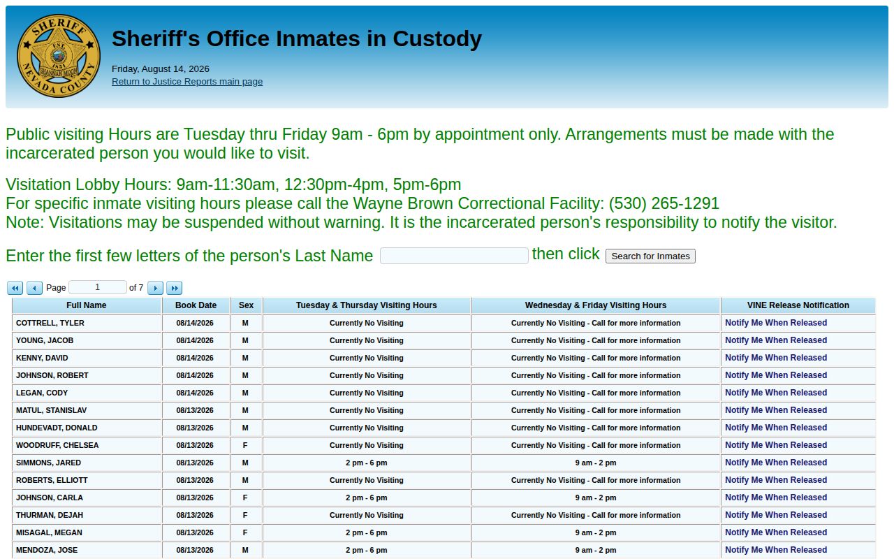 Sierra County contract jail current custody roster search