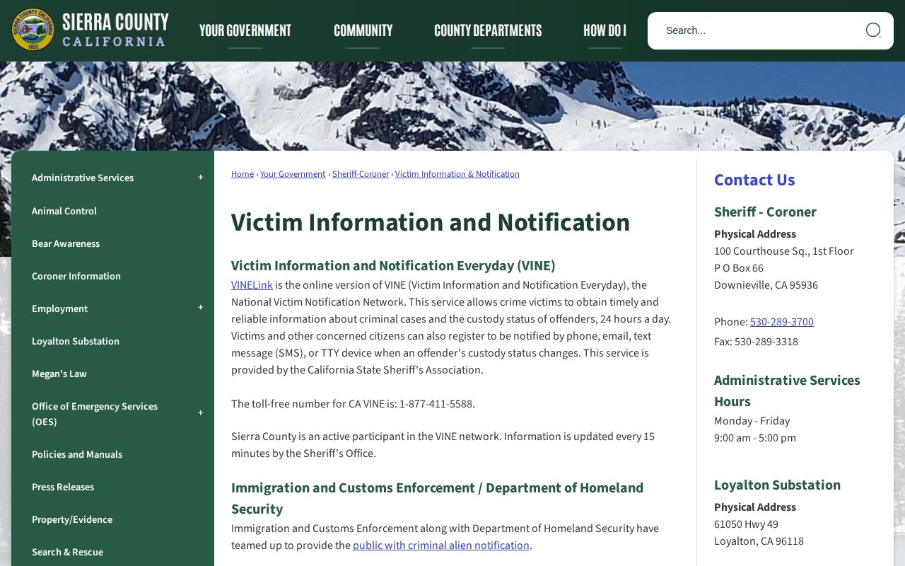 Sierra County arrest custody VINE notification information